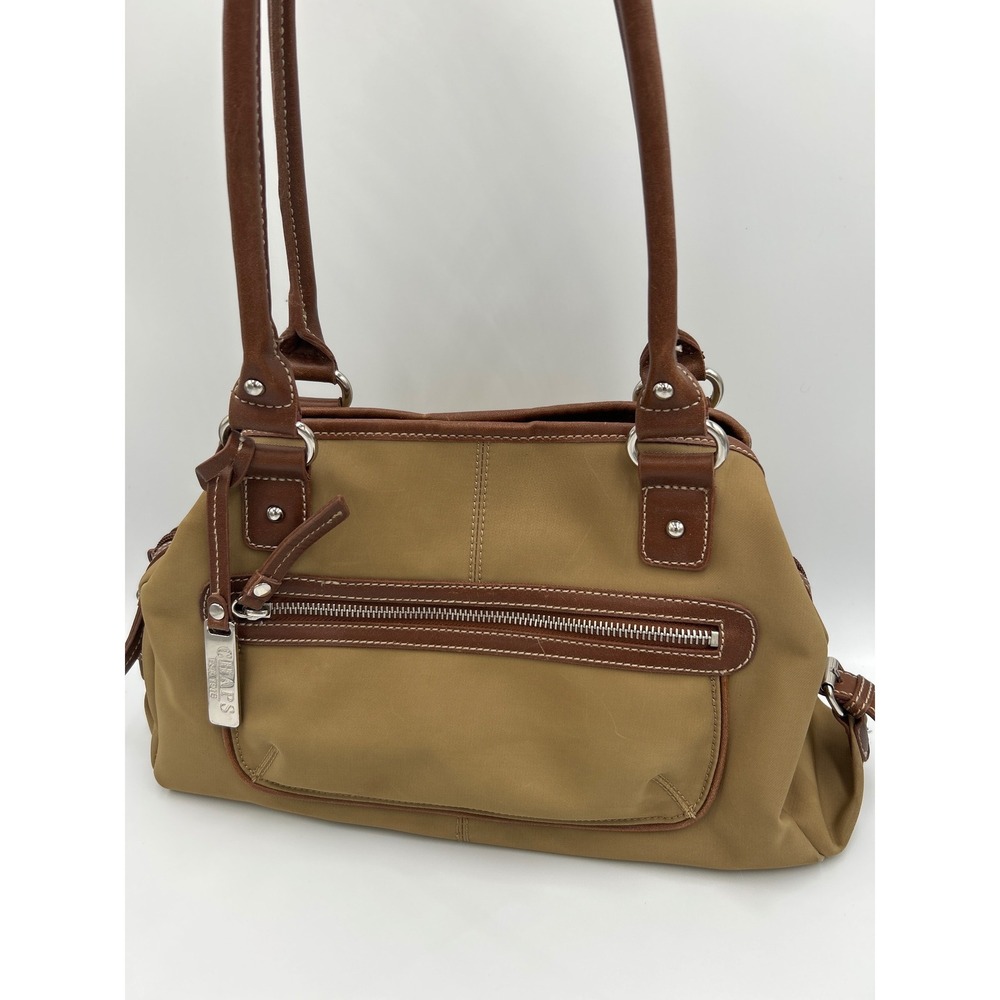 Chaps Womens Tan Nylon Brown Trim Shoulder Bag Satchel Purse Silver Hardware